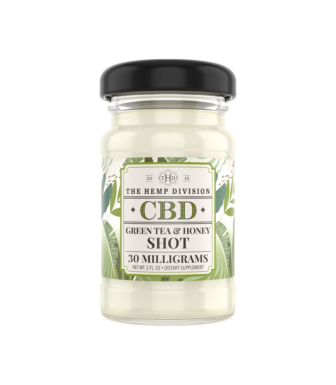 The Hemp Division- 2fl oz Green Tea & Honey CBD shot in a glass jar, featuring 30 mg of CBD, with a decorative label and black lid.