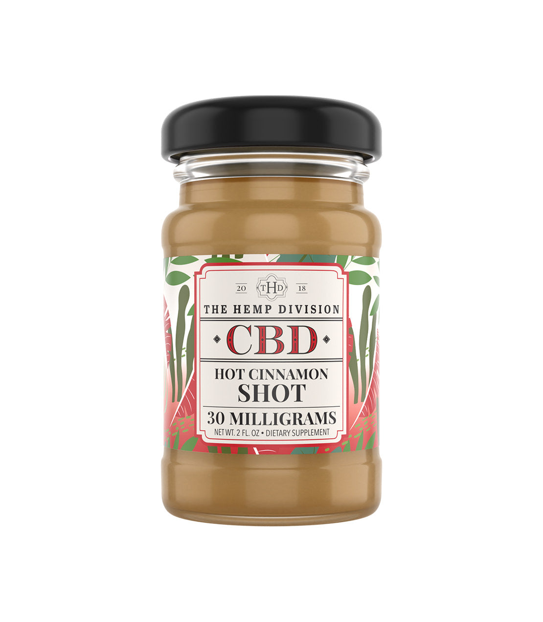 The Hemp Division- 2fl oz Hot Cinnamon Shot CBD supplement in a glass jar, featuring 30 mg of CBD and vibrant packaging design.