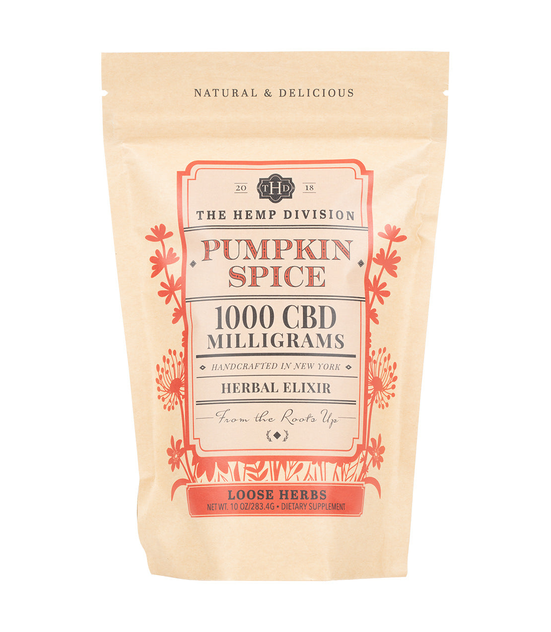 A beige pouch with orange highlights of The Hemp Division's Pumpkin Spice herbal elixir, containing 1000 mg of CBD, handcrafted in New York.