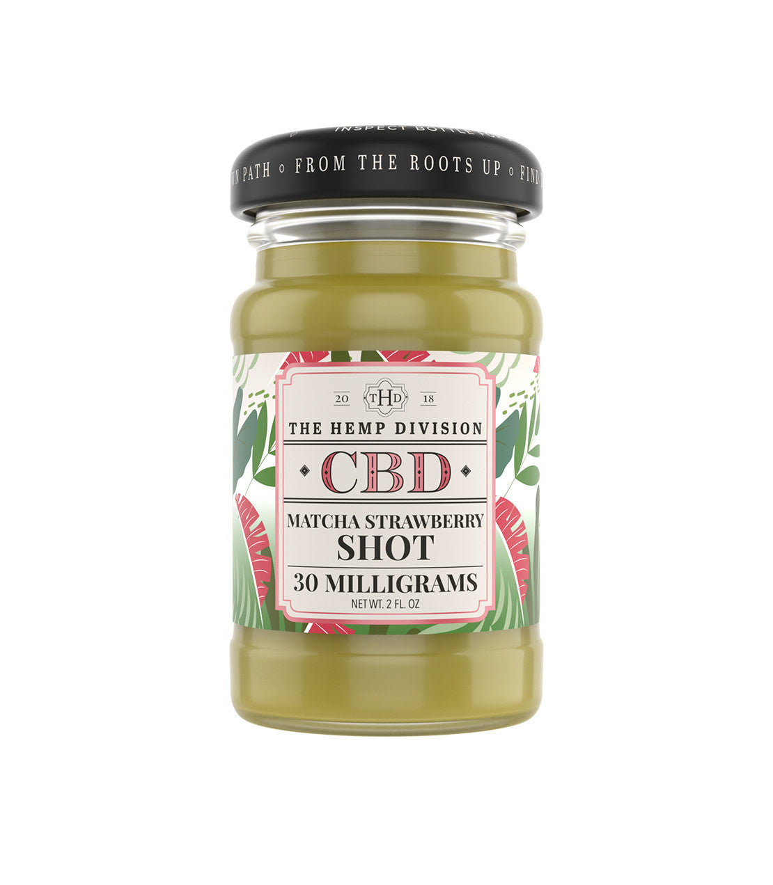 A glass jar of CBD Matcha Strawberry Shot by The Hemp Division, featuring a black lid with white text and a tropical-themed label, set against a plain white background.