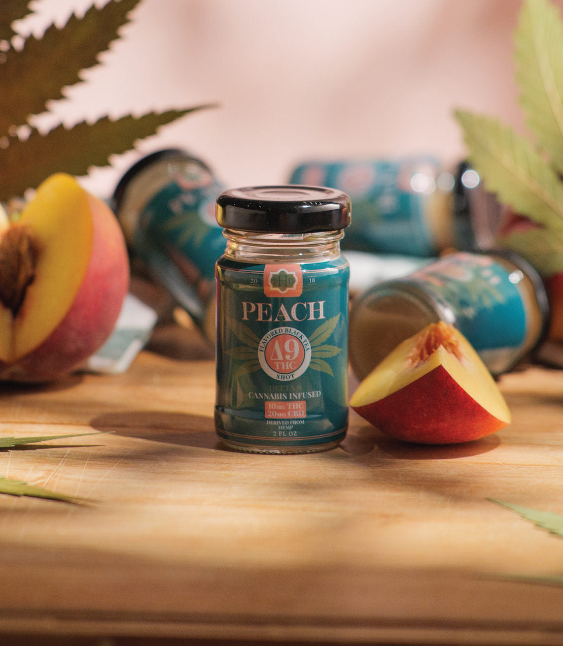 Peach flavored black tea Delta 9 THC shot. Cannabis infused. 10 mg THC and 20 mg CBD.