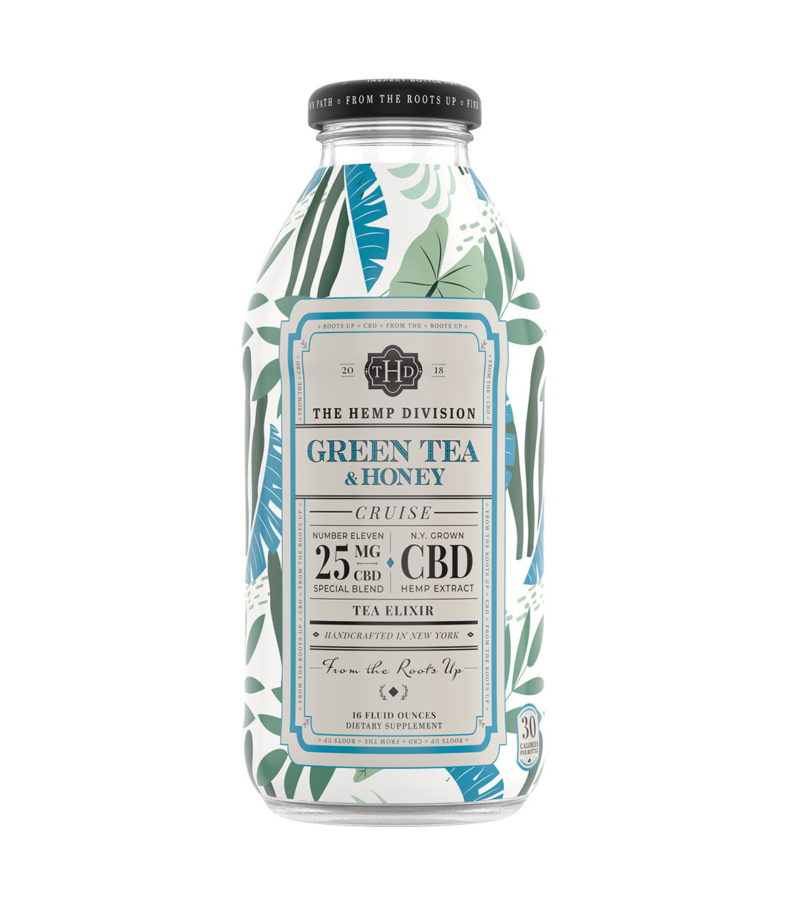 The Hemp Division- 16fl oz Bottle of Green Tea & Honey beverage with 25 MG CBD, featuring a decorative label- Cruise