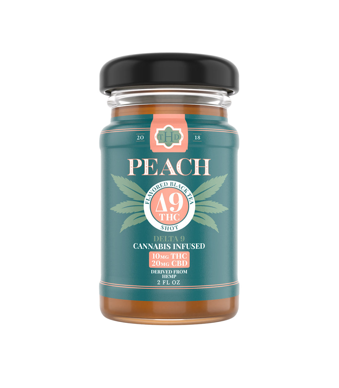 Peach-flavored Delta-9 THC black tea shot in a 2 fl oz glass jar with a black lid. Label is teal with cannabis leaf graphics, featuring “10mg THC, 20mg CBD, cannabis infused, derived from hemp.”