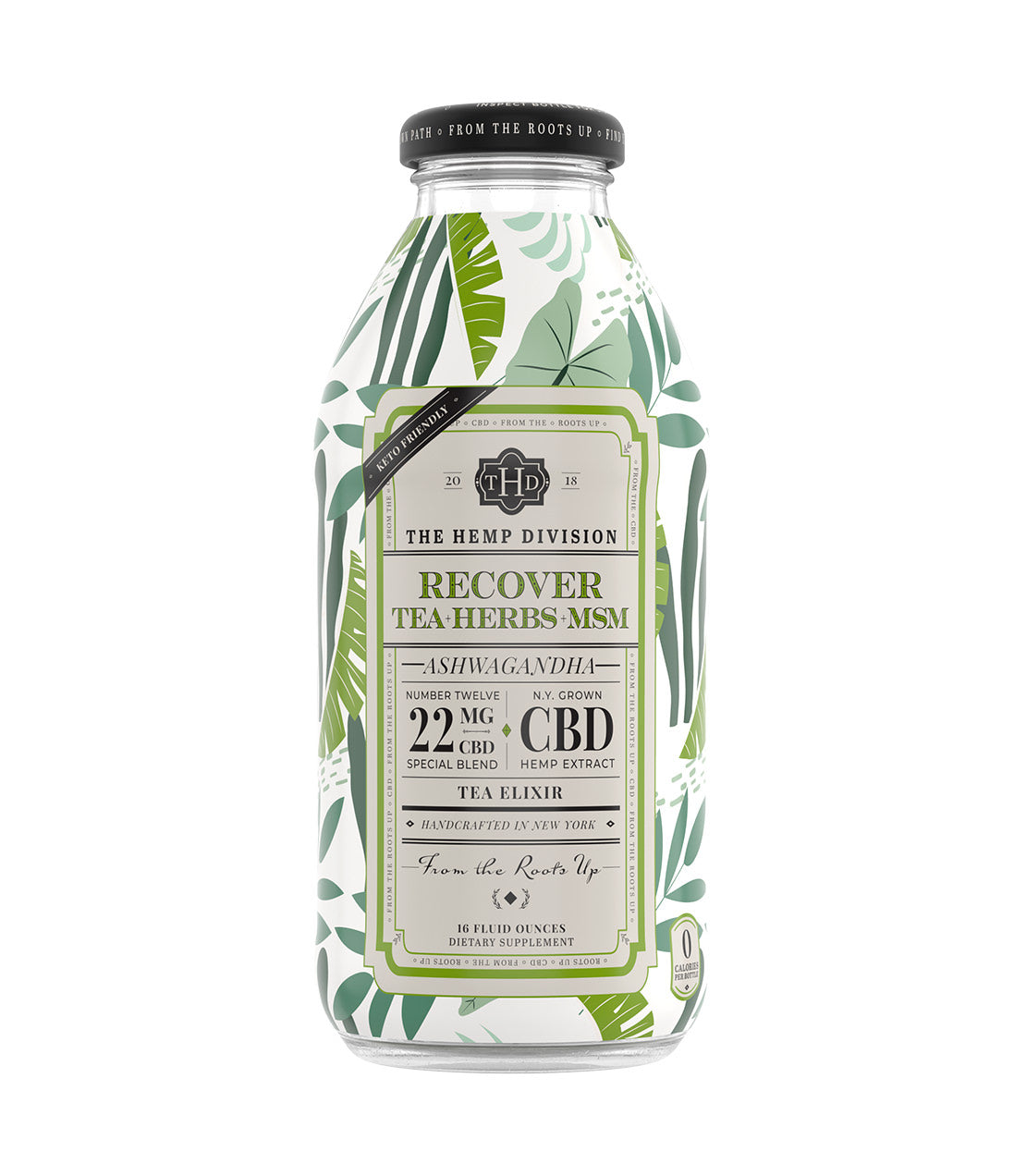The Hemp Division- 16fl oz Bottle of Organic Tea with Herbs and MSM, featuring 22 MG CBD, labeled "Recover"- Ashwagandha 